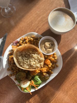 vegan buddha bowl with a vegan mocha (oat milk)!  at The Naked Crepe Bistro, Inc in Wolfville