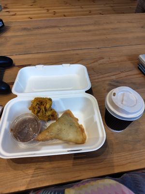 Takeaway bhaji, samosa and medium soy latte at Vedi in Derby