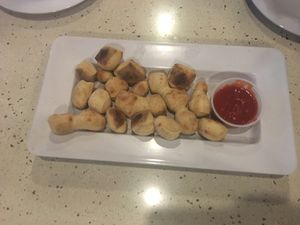 Pretzel bites, no butter/parm with red sauce at Mellow Mushroom in Little Rock