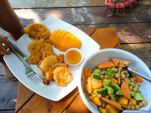 Pancakes with mango and maple syrup. Chickpea mango salad -simple yet amazing taste. at Flow Beach Cafe. - Seaddict in Koh Samet