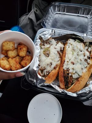Mushroom hoagie with tater tots (made vegan) at Mellow Mushroom in Beaumont