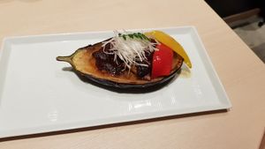 Grilled eggplant with miso and pepper at Musubi in Tokyo