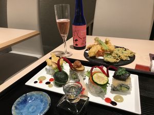 Veg sushi and tempura (plus sparkling sake) at Musubi in Tokyo