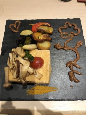 Tofu steak with veggies and miso paste sauce at Musubi in Tokyo