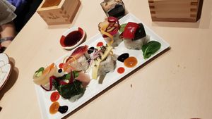 Mixed sushi platter: cucumber, avacado, pepper, shitake mushroom, radish at Musubi in Tokyo