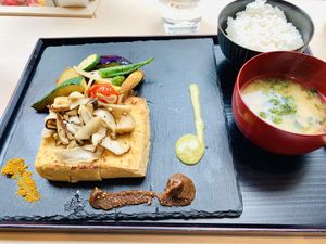 Tofu steak with rice and miso at Musubi in Tokyo