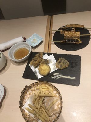 Tofu, eggplant, tempura, French fried  at Musubi in Tokyo