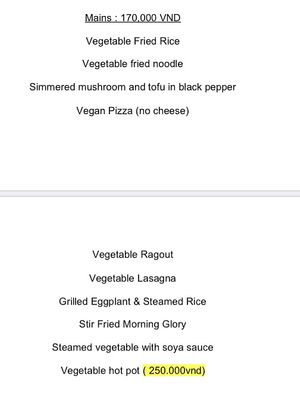 Vegan menu- mains  at Fusion Resort in Cam Ranh