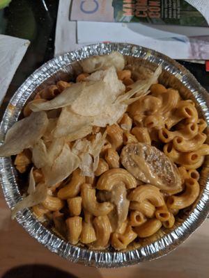Vegan mac with chips and faux sausage at Homeroom in Oakland