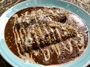 Chile and chocolate, stuffed with jack fruit  at Cafetería Tambien in Puebla