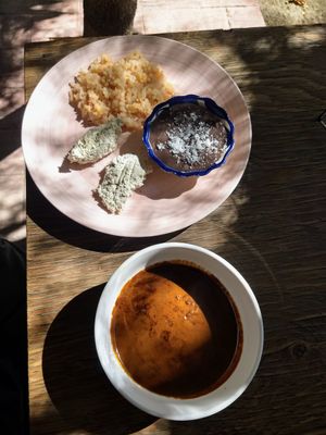 Mole, vegan cheeze and rice - so delicious 💜 at Cafetería Tambien in Puebla