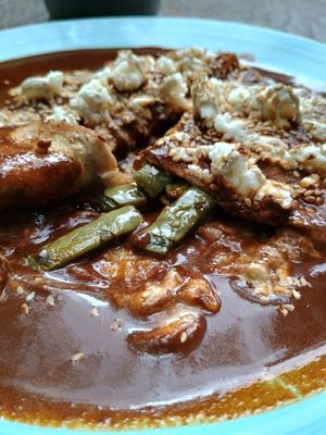 Enmoladas con relleno de nopales at Cafetería Tambien in Puebla