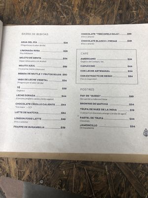 Menu at Cafetería Tambien in Puebla