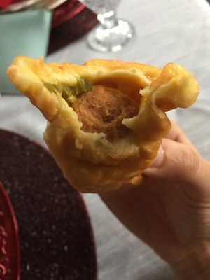 Inside the tofurky kolache with jalapeño and cheese  at Vegan Donut-Gelato in Houston