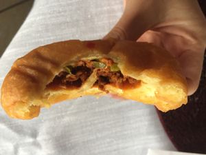 Inside soy rizo kolache with jalapeño  at Vegan Donut-Gelato in Houston