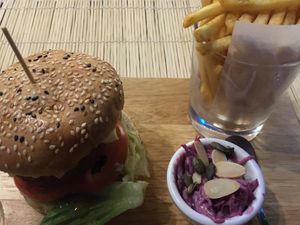 Umpteen protein burger, chips and pickles  at Moreish in Dubai
