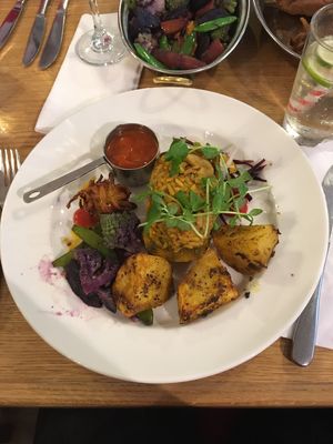 Butternut Squash Sunday roast with Indian inspired potatoes and veg. All vegan at The Ambrette in Margate