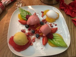 Fruit salad with strawberry, mango, and g+t sorbets at The Windmill in Macclesfield