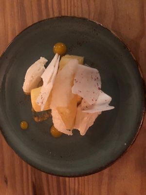 Pineapple with passion fruit sorbet and meringue  at The Windmill in Macclesfield