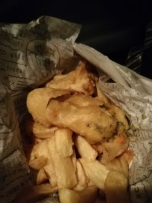 Deep fried veggie sausage and chips at Gino's Fryer  in Largs