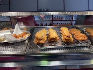 Tofish, vegan scampi and phish cakes on display.  at Gino's Fryer  in Largs