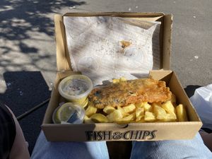 The main event. The tofish was perfect, the mushy peas and vegan tartare sauce came free! This is a regular size portion: £3.95 + £1.60 for chips, and I was full.  at Gino's Fryer  in Largs