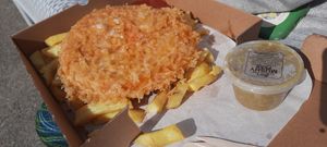 Pizza crunch and mushy peas at Gino's Fryer  in Largs