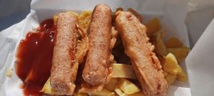 Sausages and chips at Gino's Fryer  in Largs