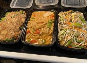 Left to right: Veggie pineapple fried rice, Veggie peanut curry noodles, Veggie pad Thai  at Nu-Thai Bistro in Grand Rapids