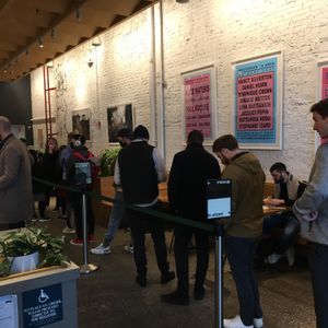 The line for ordering food; you can see some seating and tables along the wall at sweetgreen - NoMad in New York City