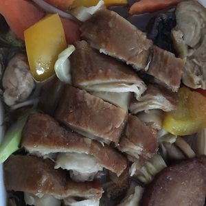 Chop Suey with mock duck and mock meat ball (Frikadelle) at Jade-Imbiss in Dusseldorf