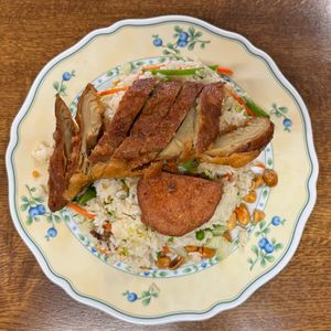 Fried rice, crispy fried 'duck'. at Jade-Imbiss in Dusseldorf