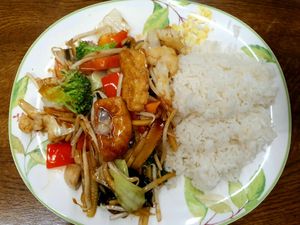 Chopsuey with rice and tofu at Jade-Imbiss in Dusseldorf