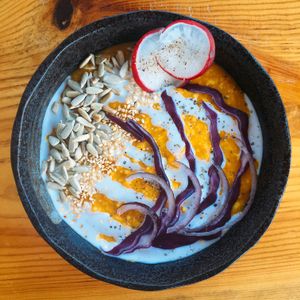 Pumpkin and carrot curried oatmeal special at Prana Center in Da Lat