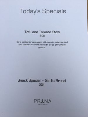 Specials menu at Prana Center in Da Lat