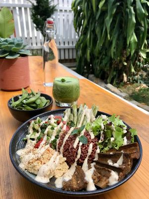 Green smoothie with banana and kale
Edamame
Eggplant bowl at Prana Center in Da Lat