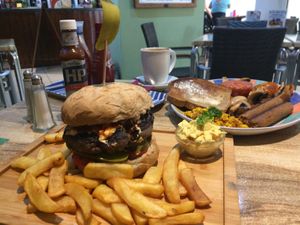 Vegan BBQ burger and vegan full English with soya coffee and oj. at Olive Garden Deli in Tenerife