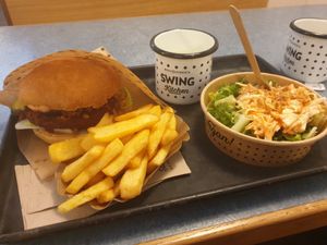 Swing Burger with fries and coleslaw at Swing Kitchen - Georgenstraße in Berlin