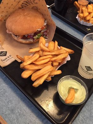 Burger. Pommes. Sauce and limonade  at Swing Kitchen - Georgenstraße in Berlin