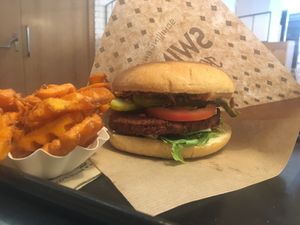 Swing burger + sweet fries  at Swing Kitchen - Georgenstraße in Berlin