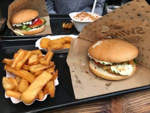 Milan and Vienna burgers, fries, VEGAN NUGGETS (so good!) with homemade sauce at Swing Kitchen - Georgenstraße in Berlin