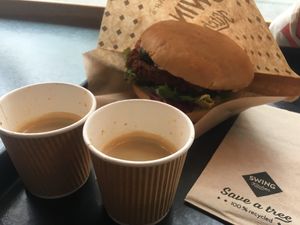 Chilli burger plus 2 espressos at Swing Kitchen - Georgenstraße in Berlin