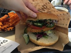 Vienna burger and sweet potato fries  at Swing Kitchen - Georgenstraße in Berlin