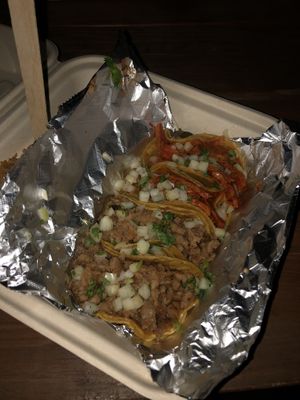 Al pastor and carne asada tacos   at Nissi Vegan in Austin