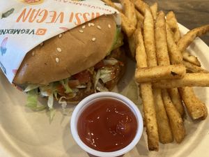 Burger plate  at Nissi Vegan in Austin