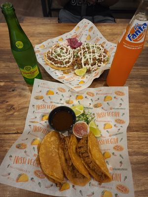 Top: Chalupa Plate. Bottom: Birria Tacos at Nissi Vegan in Austin