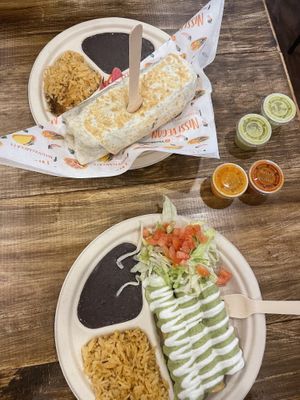 Burrito and flautas with sauces  at Nissi Vegan in Austin