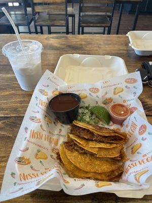 Birria and hempchata  at Nissi Vegan in Austin