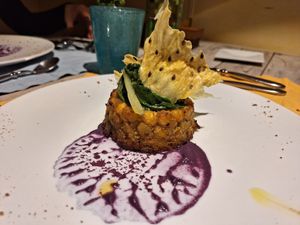 Chickpea pie with crispy wafer at Country Relais Coroncina in Belforte Del Chienti