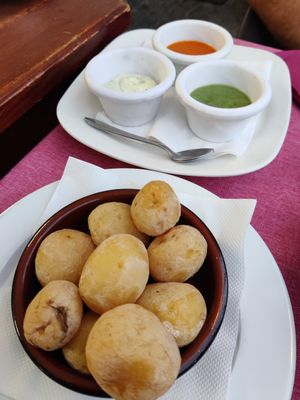 Papas arrugadas with mojo rojo y verde at Taberna De Nino in Lanzarote